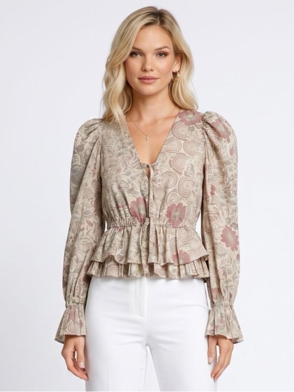 Ulla Johnson Blouse Floral Puff Sleeve Peplum Top Boho Designer